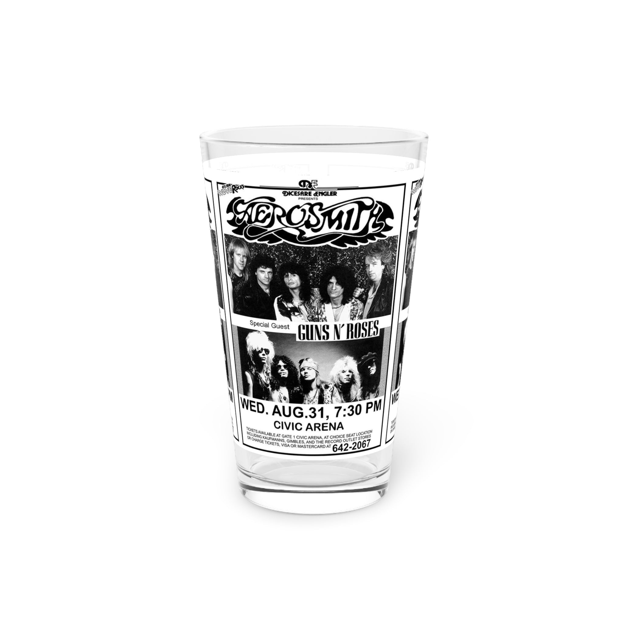 Vintage Concert Poster 16 Oz. Pint Glass — Featuring Aerosmith, Guns & Roses At The Pittsburgh Civic Arena - POPvault