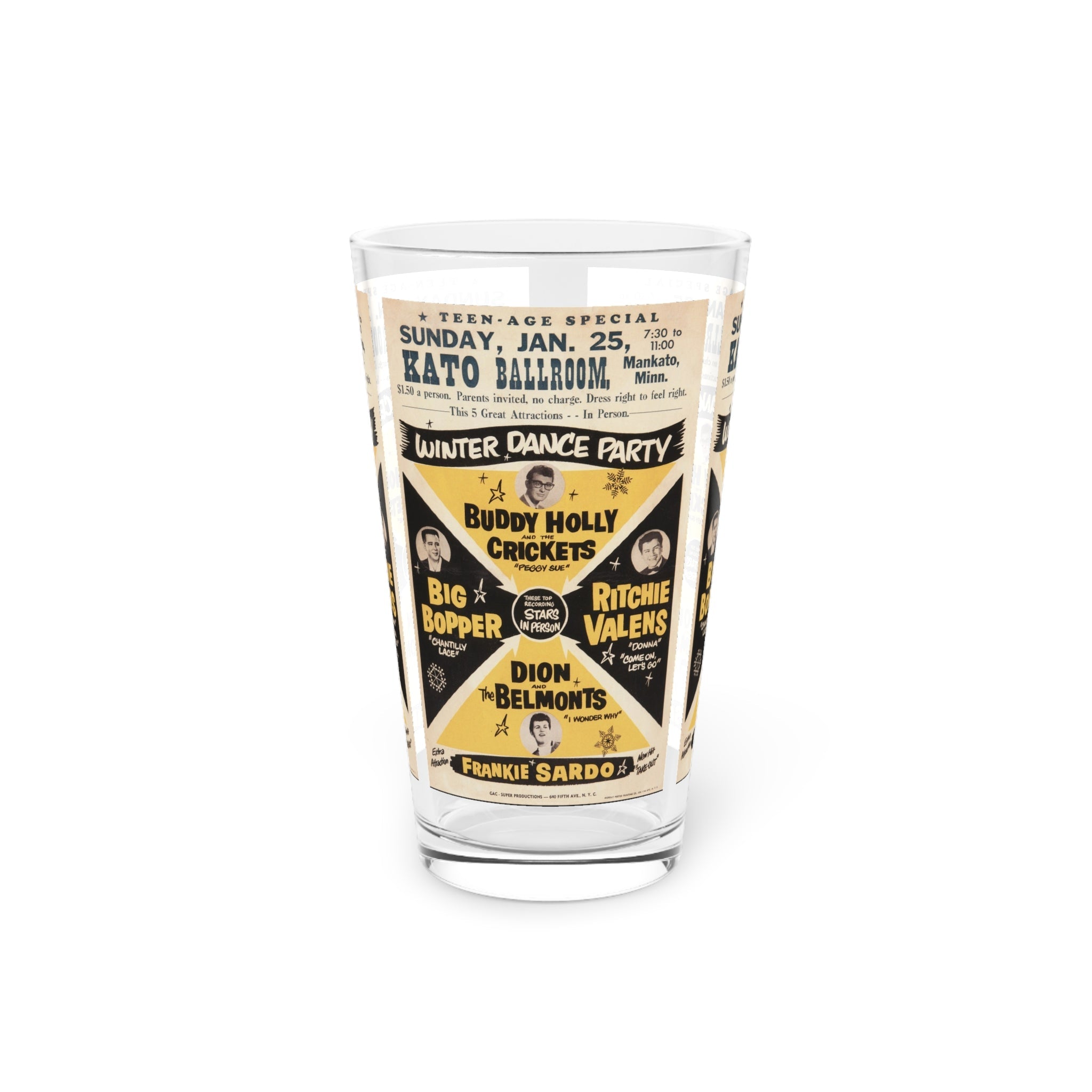 Vintage Concert Poster 16 Oz. Pint Glass — Featuring Buddy Holly, Big Bopper, Richie Valens, Dion At The Mankato Kato Ballroom - POPvault