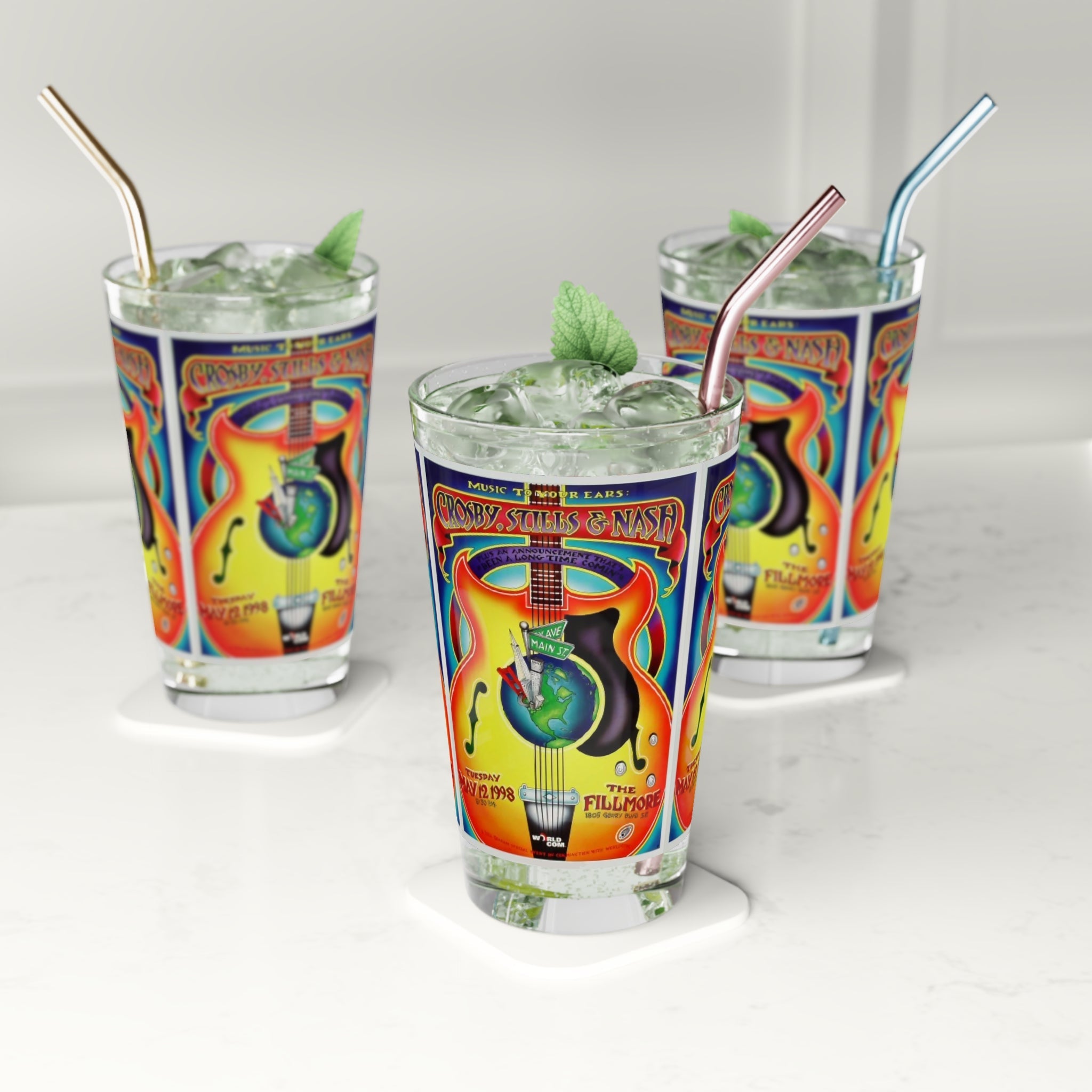 Vintage Concert Poster 16 Oz. Pint Glass — Featuring Crosby, Stills, and Nash At The Fillmore 1998 - POPvault