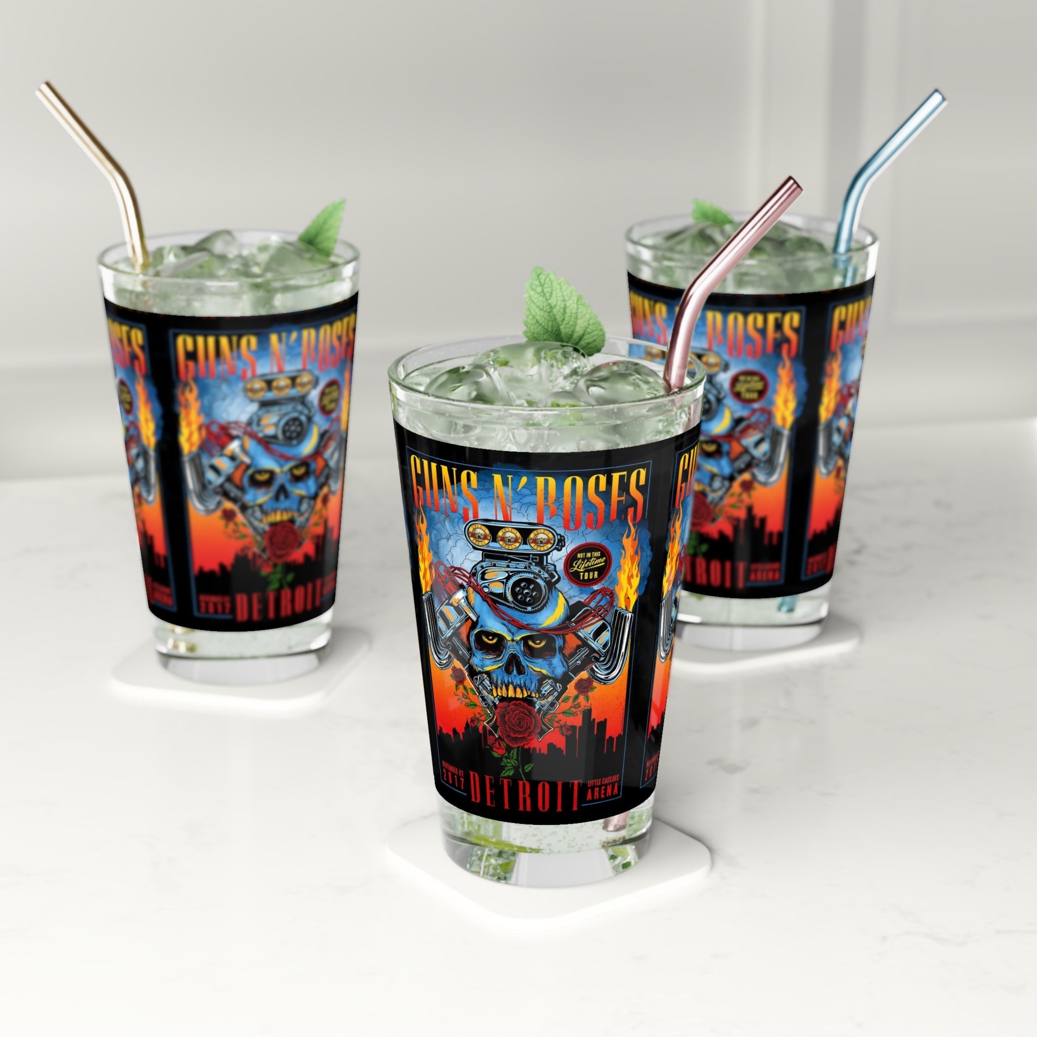 Vintage Concert Poster 16 Oz. Pint Glass — Featuring Guns & Roses At Detroit Little Caesars Arena 2017 - POPvault