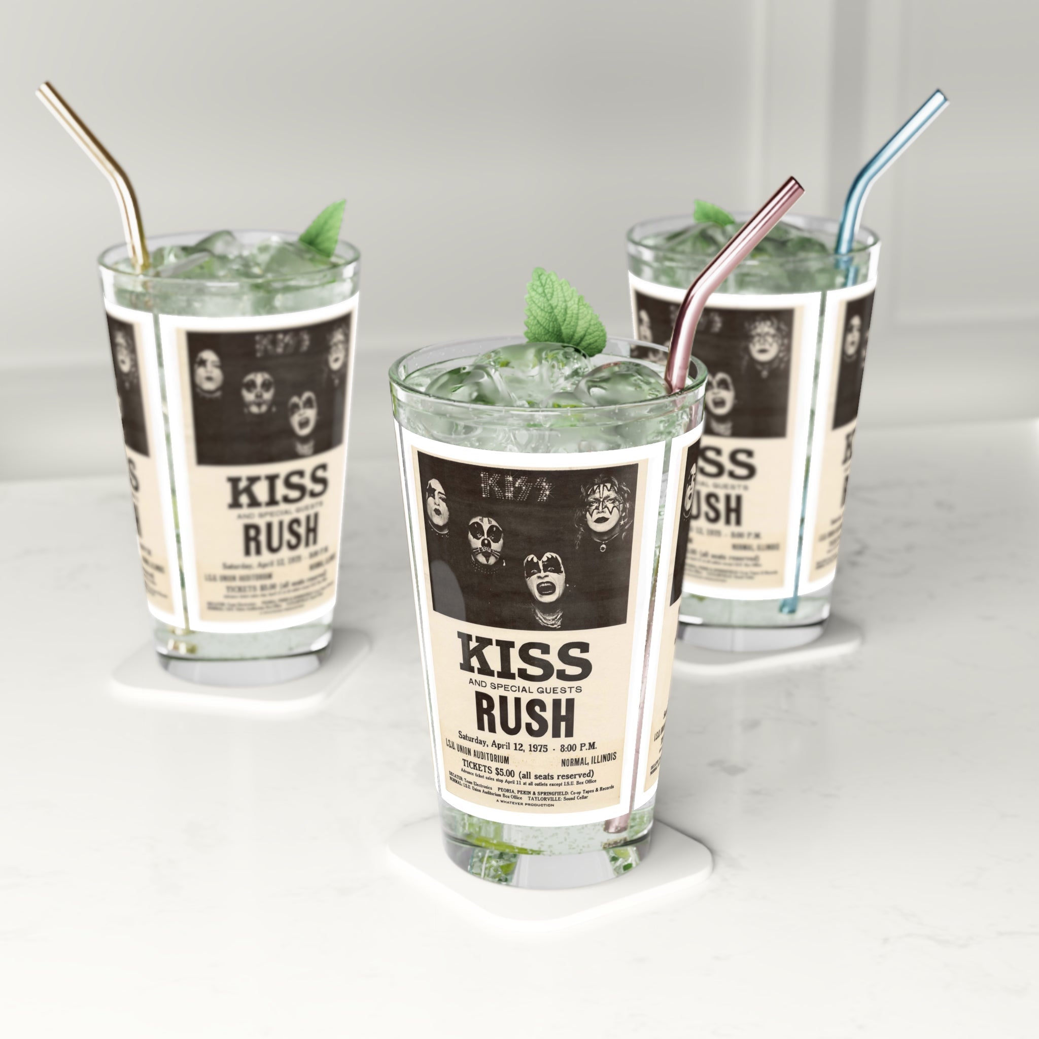 Vintage Concert Poster 16 Oz. Pint Glass — Featuring Kiss, Rush At The Normal I.S.U Union Auditorium 1975 - POPvault