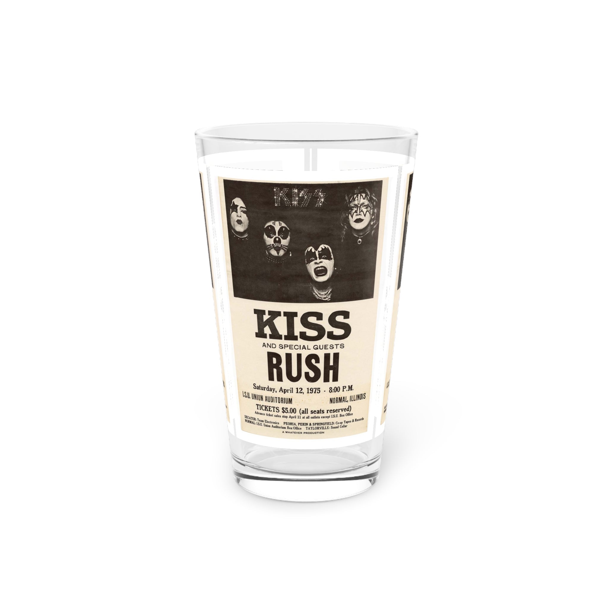 Vintage Concert Poster 16 Oz. Pint Glass — Featuring Kiss, Rush At The Normal I.S.U Union Auditorium 1975 - POPvault