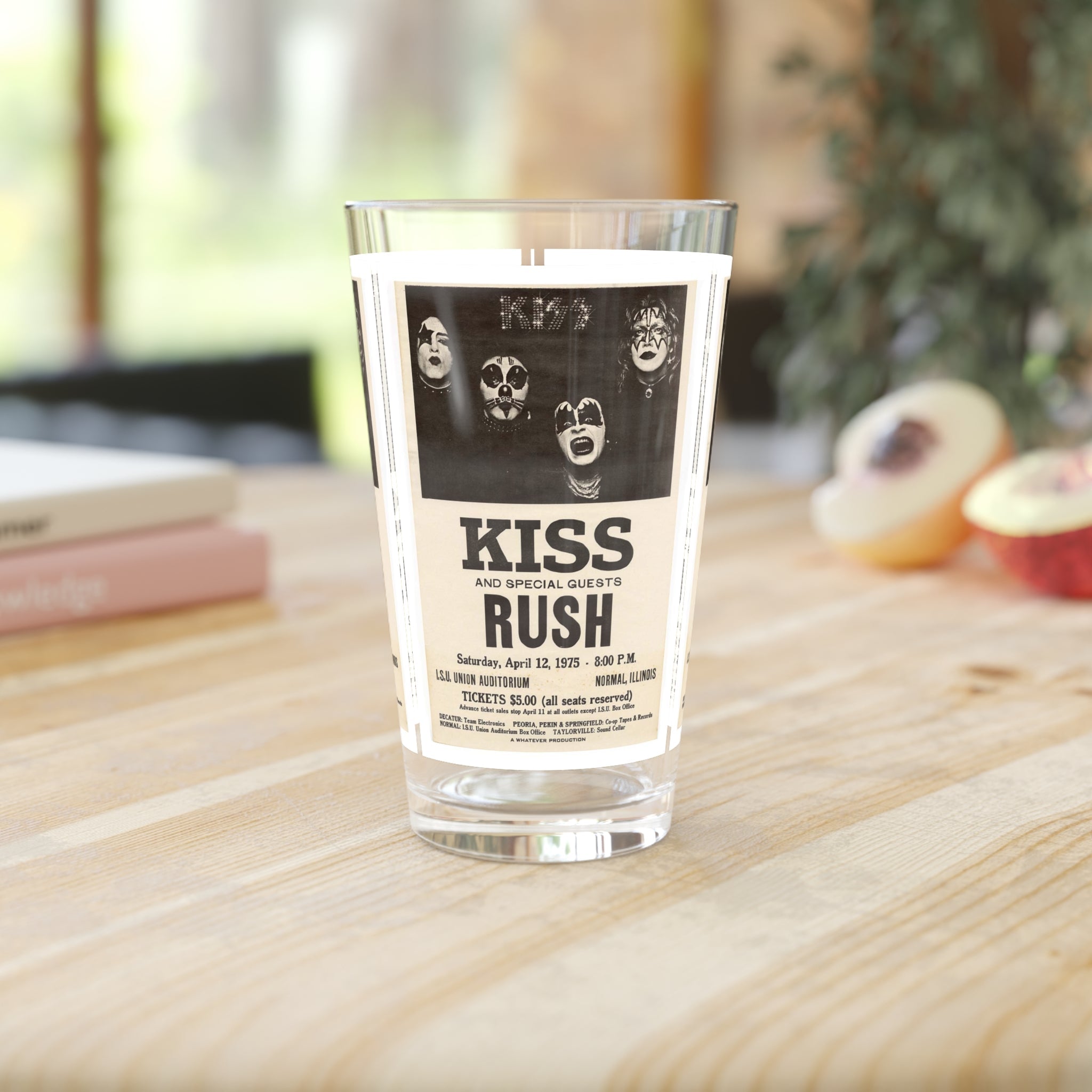 Vintage Concert Poster 16 Oz. Pint Glass — Featuring Kiss, Rush At The Normal I.S.U Union Auditorium 1975 - POPvault