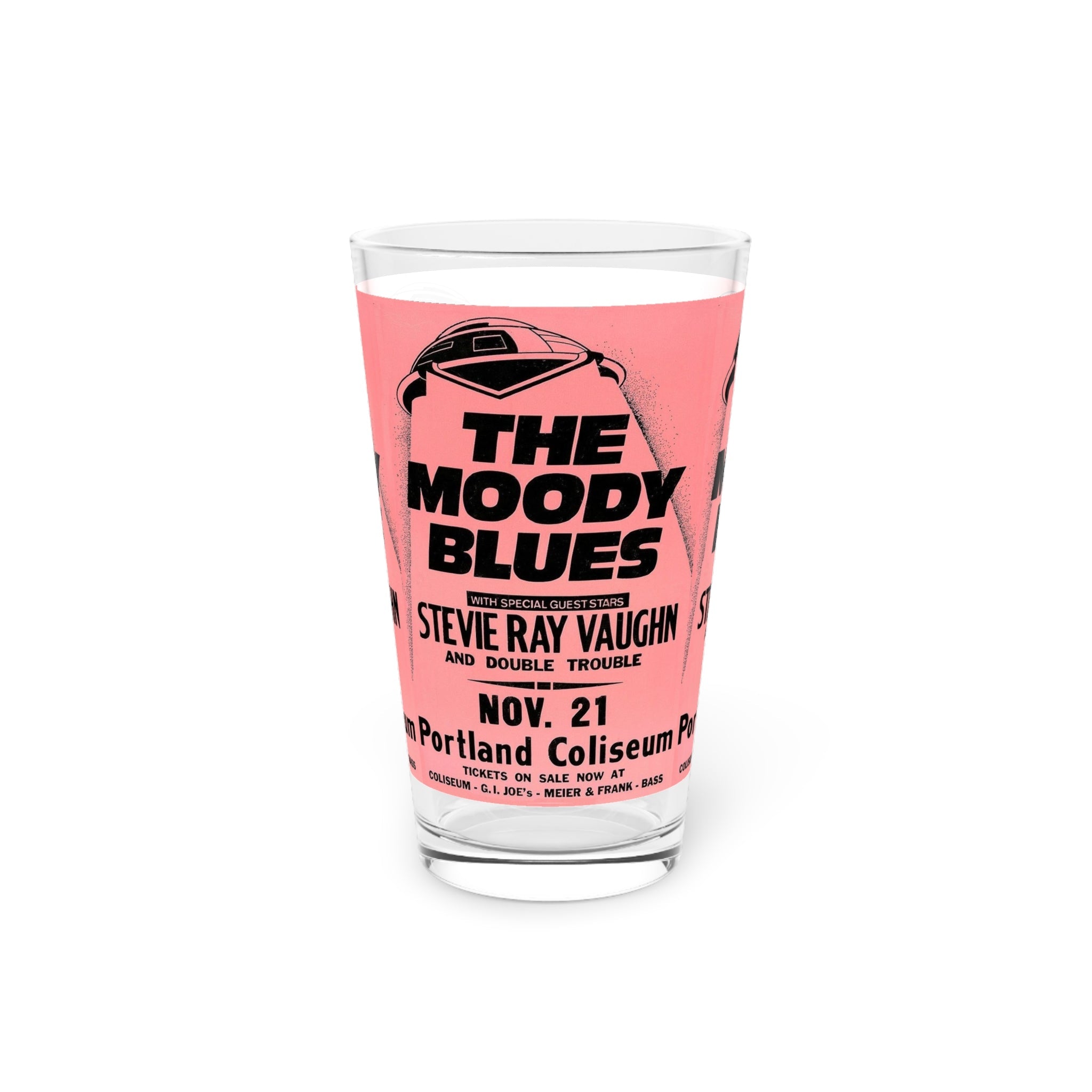 Vintage Concert Poster 16 Oz. Pint Glass — Featuring Moody Blues, Stevie Ray Vaughn At Portland Coliseum - POPvault