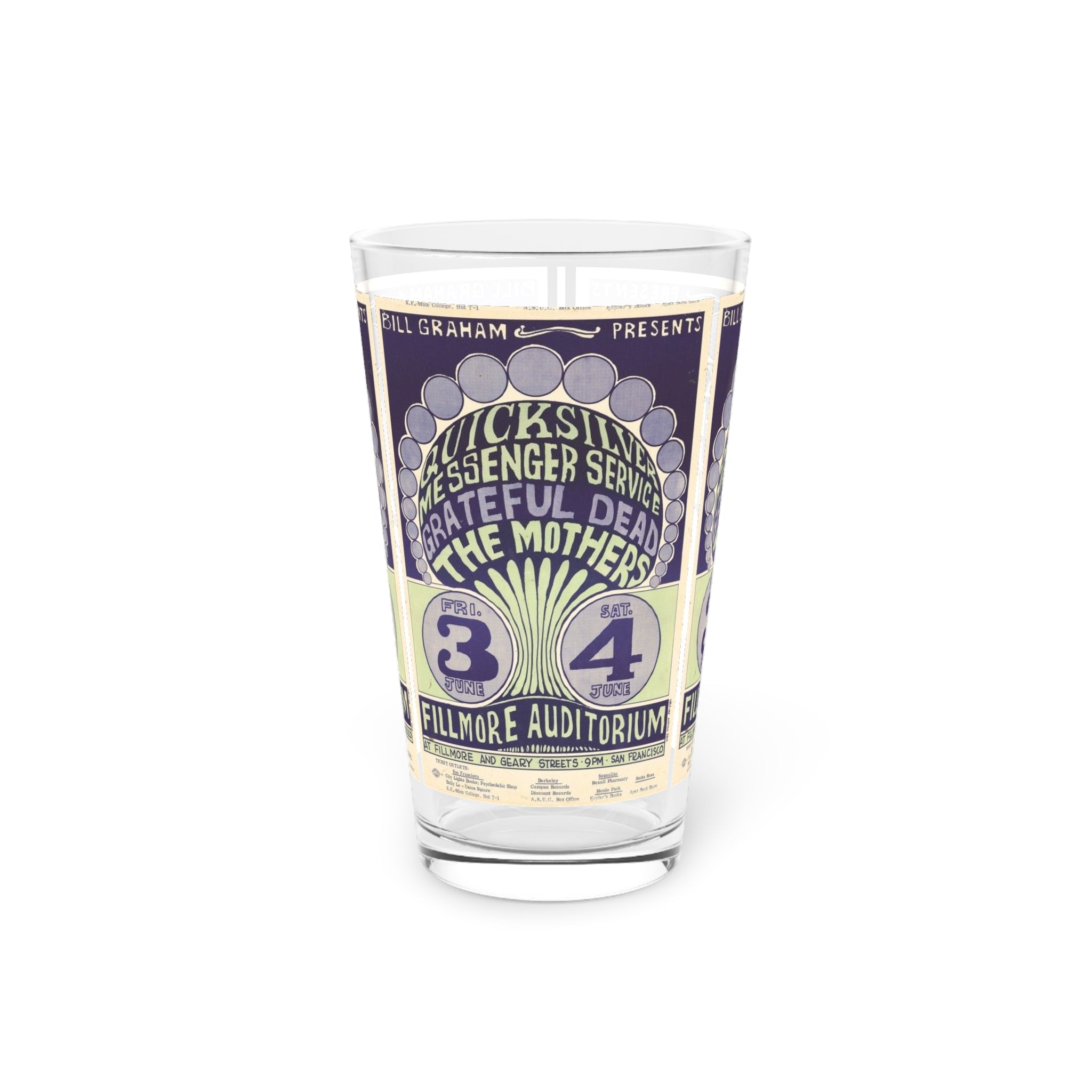 Vintage Concert Poster 16 Oz. Pint Glass — Featuring Quicksilver, The Dead, The Mothers 1968 - POPvault