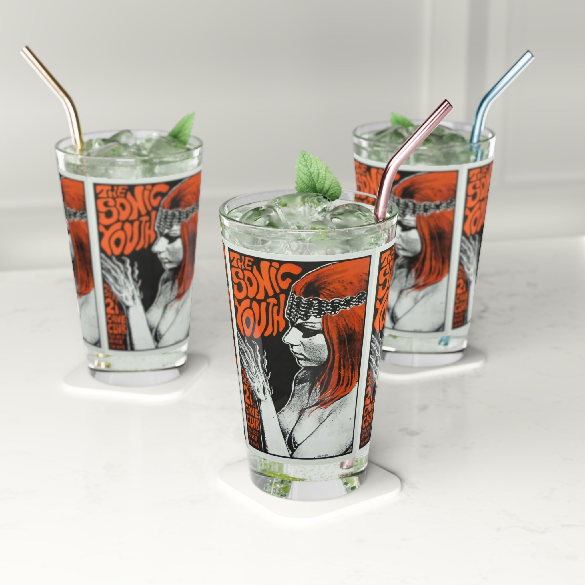 Vintage Concert Poster 16 Oz. Pint Glass — Featuring Sonic Youth At The Austin Cave Club - POPvault
