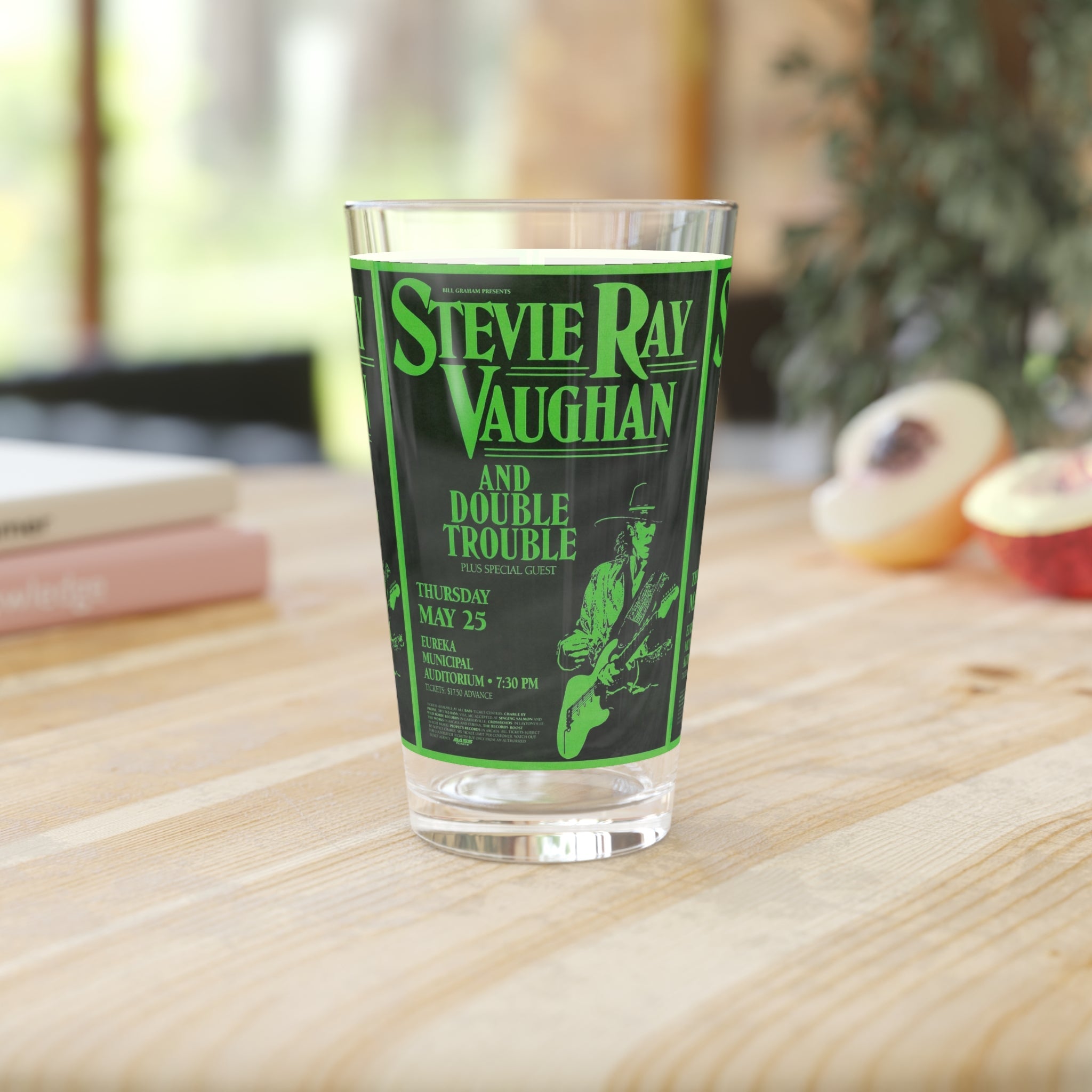 Vintage Concert Poster 16 Oz. Pint Glass — Featuring Stevie Ray Vaughan At The Eureka Municipal Auditorium - POPvault
