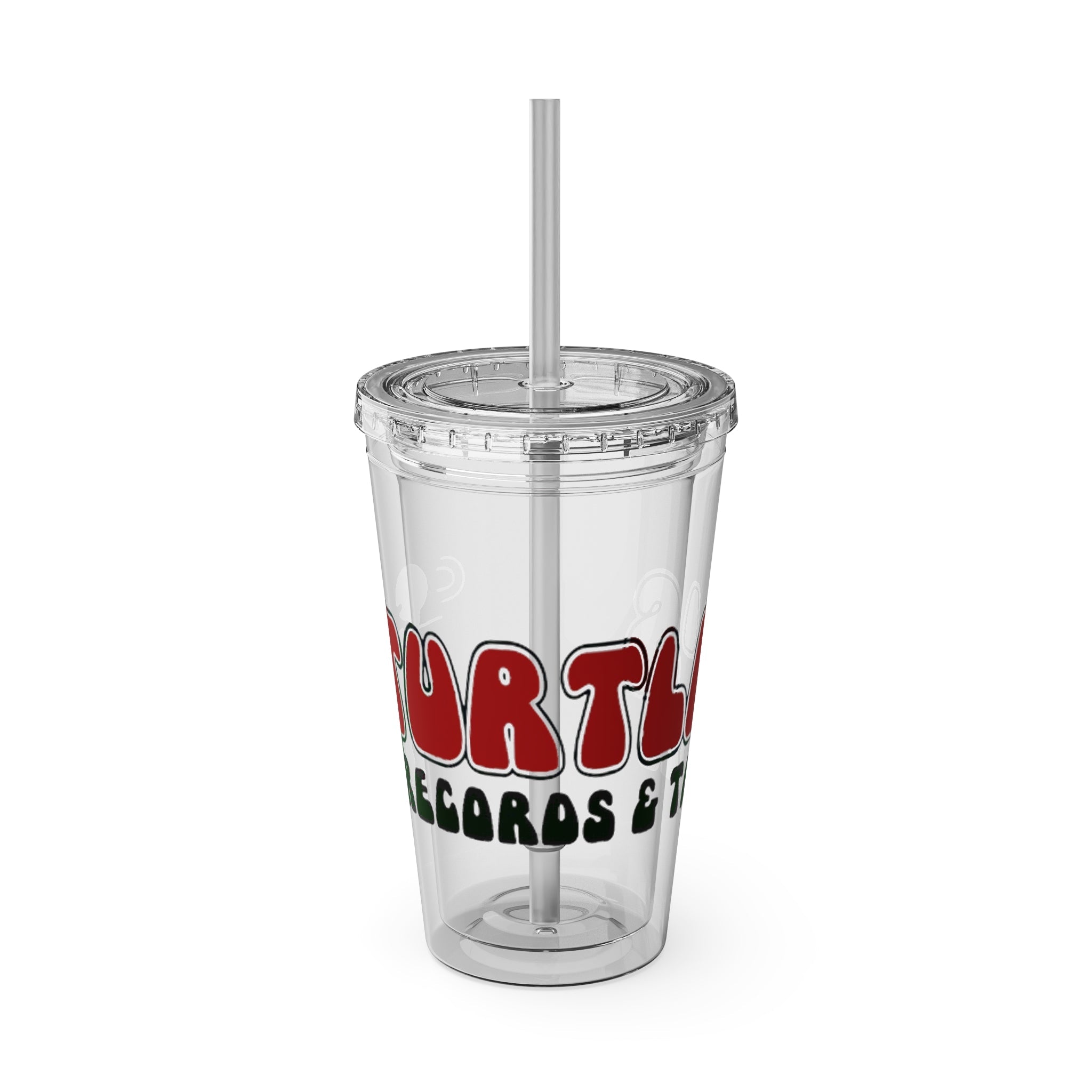 Vintage Turtles Record & Tapes Store Logo Sunsplash Reusable 16 Ounce Tumbler With Straw - POPvault