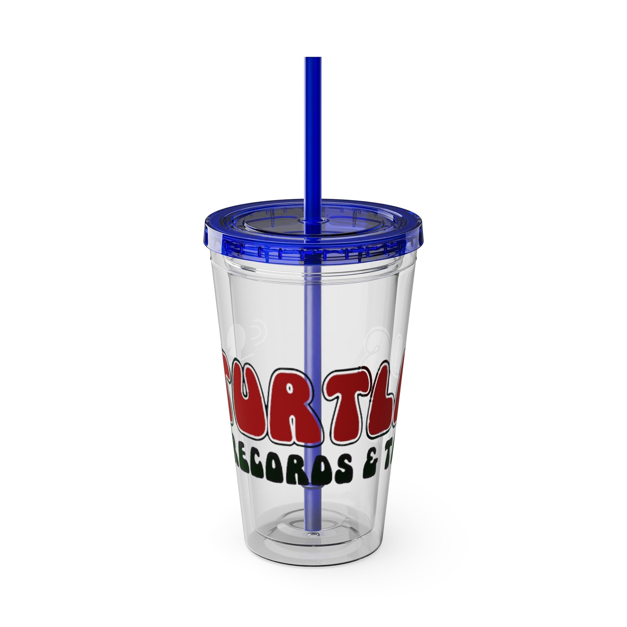 Vintage Turtles Record & Tapes Store Logo Sunsplash Reusable 16 Ounce Tumbler With Straw - POPvault