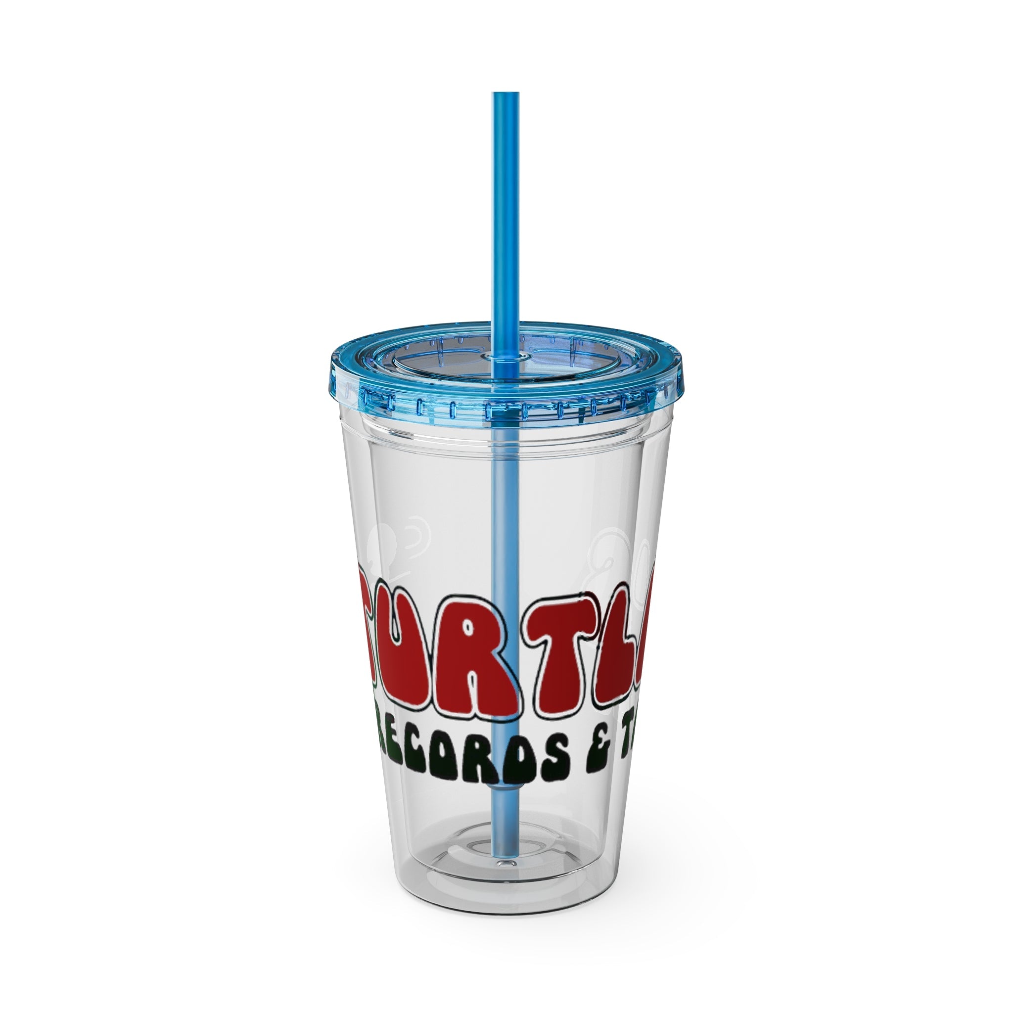 Vintage Turtles Record & Tapes Store Logo Sunsplash Reusable 16 Ounce Tumbler With Straw - POPvault