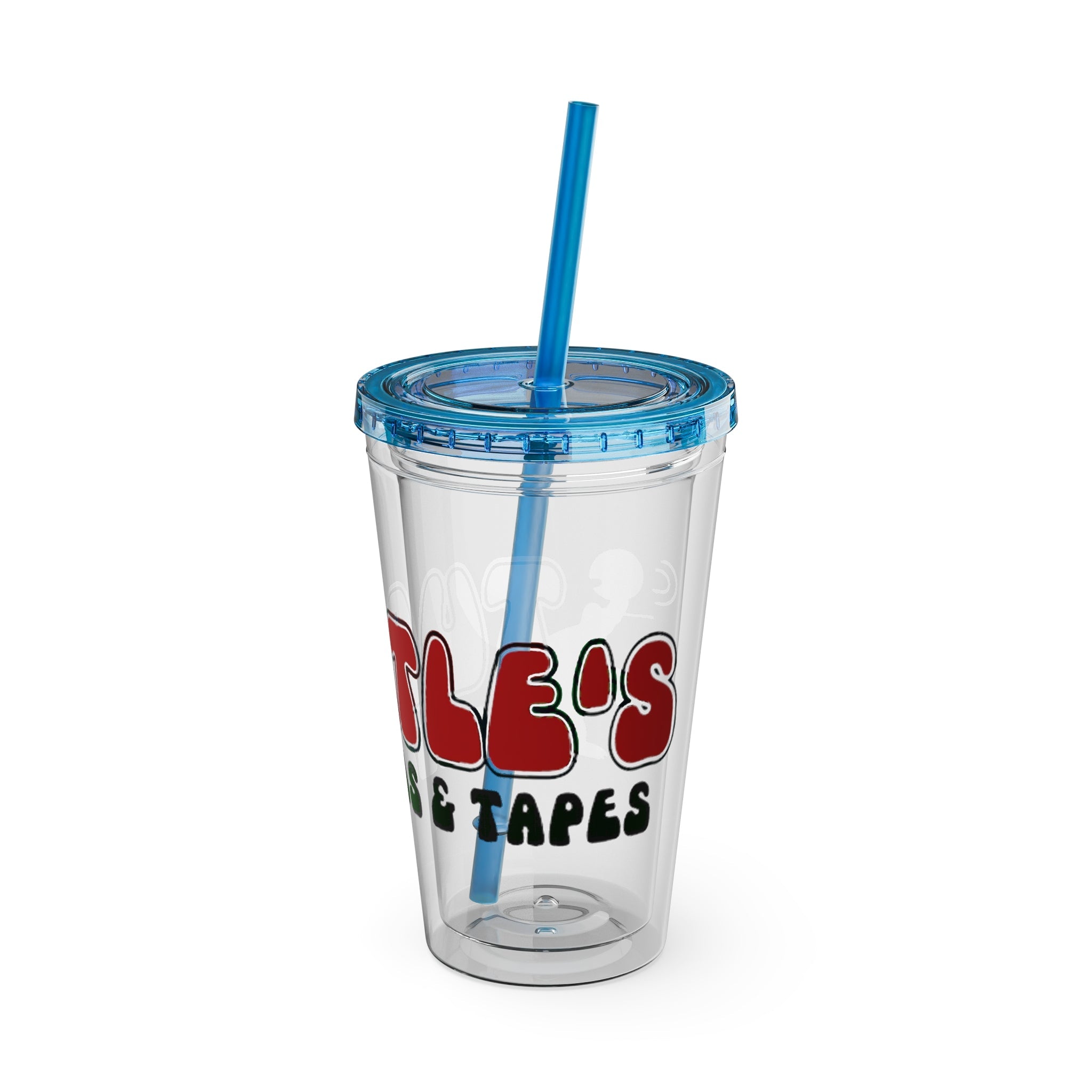 Vintage Turtles Record & Tapes Store Logo Sunsplash Reusable 16 Ounce Tumbler With Straw - POPvault