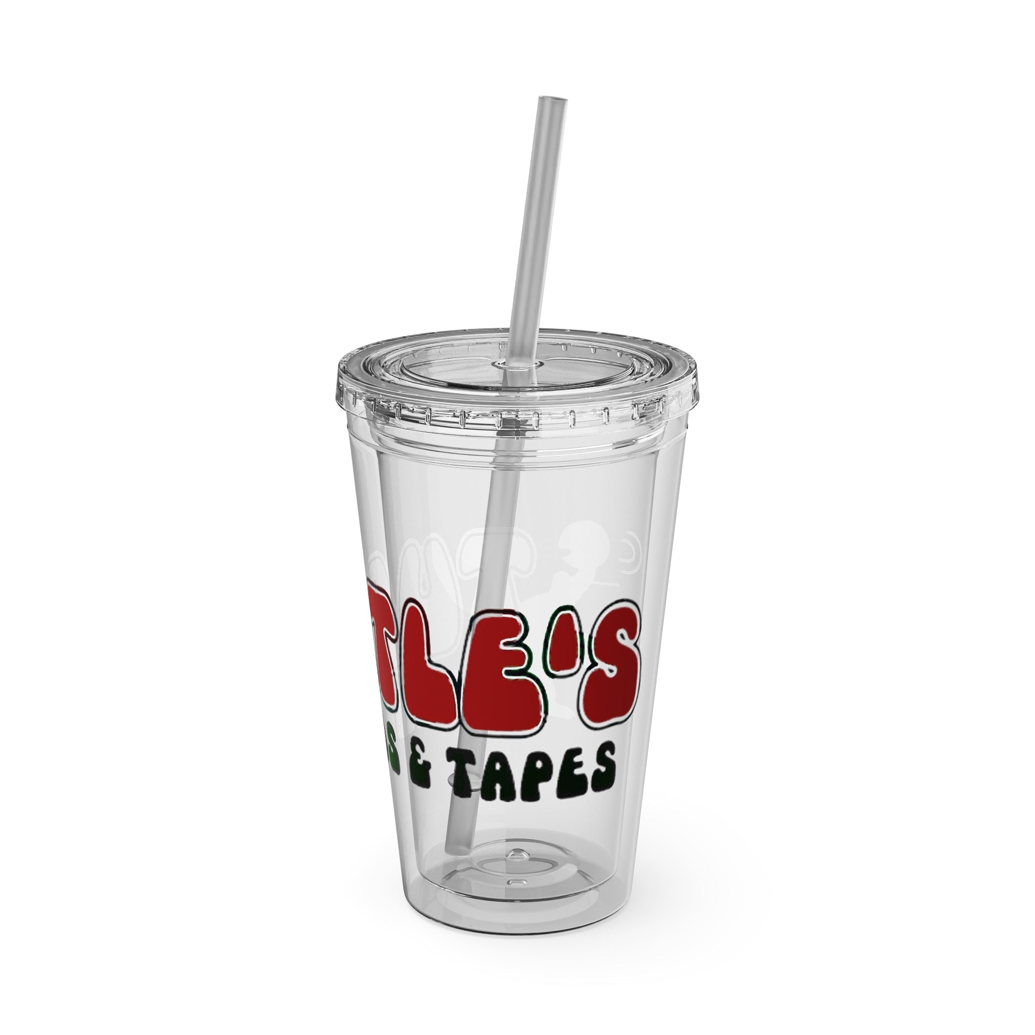 Vintage Turtles Record & Tapes Store Logo Sunsplash Reusable 16 Ounce Tumbler With Straw - POPvault