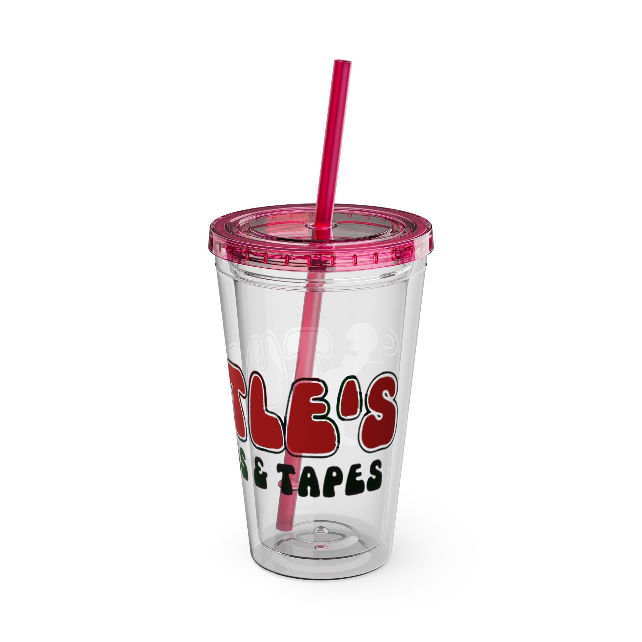 Vintage Turtles Record & Tapes Store Logo Sunsplash Reusable 16 Ounce Tumbler With Straw - POPvault