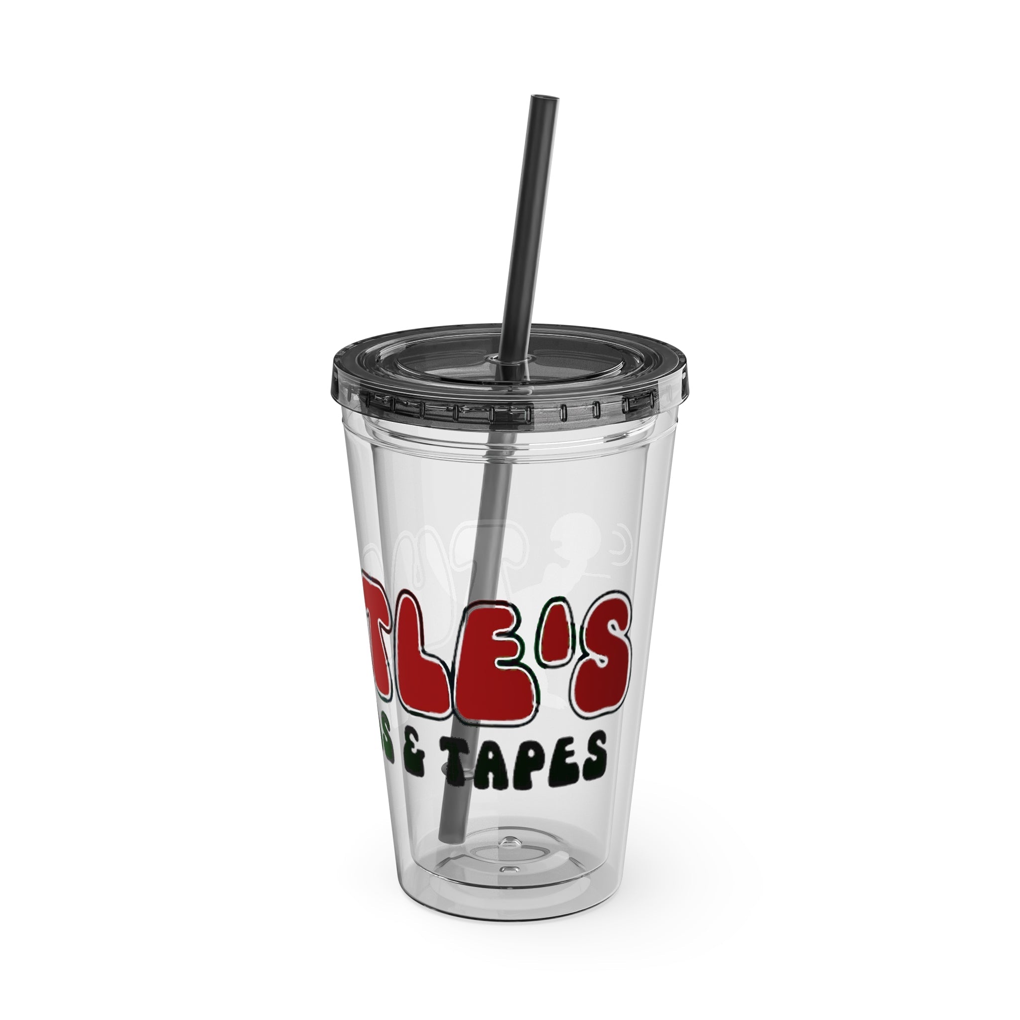 Vintage Turtles Record & Tapes Store Logo Sunsplash Reusable 16 Ounce Tumbler With Straw - POPvault