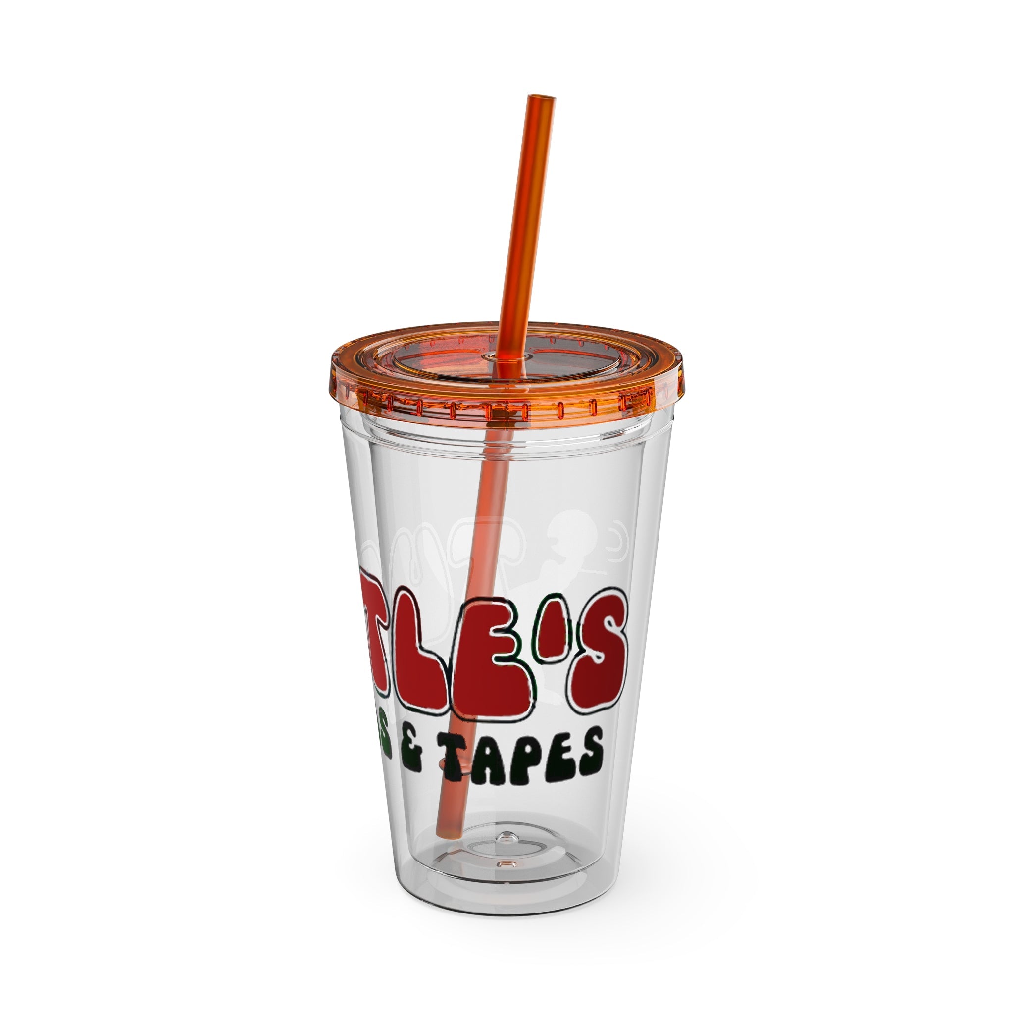 Vintage Turtles Record & Tapes Store Logo Sunsplash Reusable 16 Ounce Tumbler With Straw - POPvault