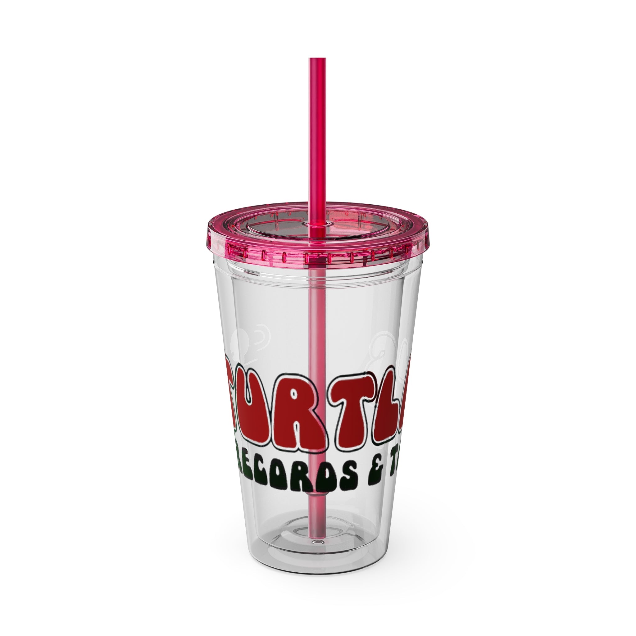 Vintage Turtles Record & Tapes Store Logo Sunsplash Reusable 16 Ounce Tumbler With Straw - POPvault
