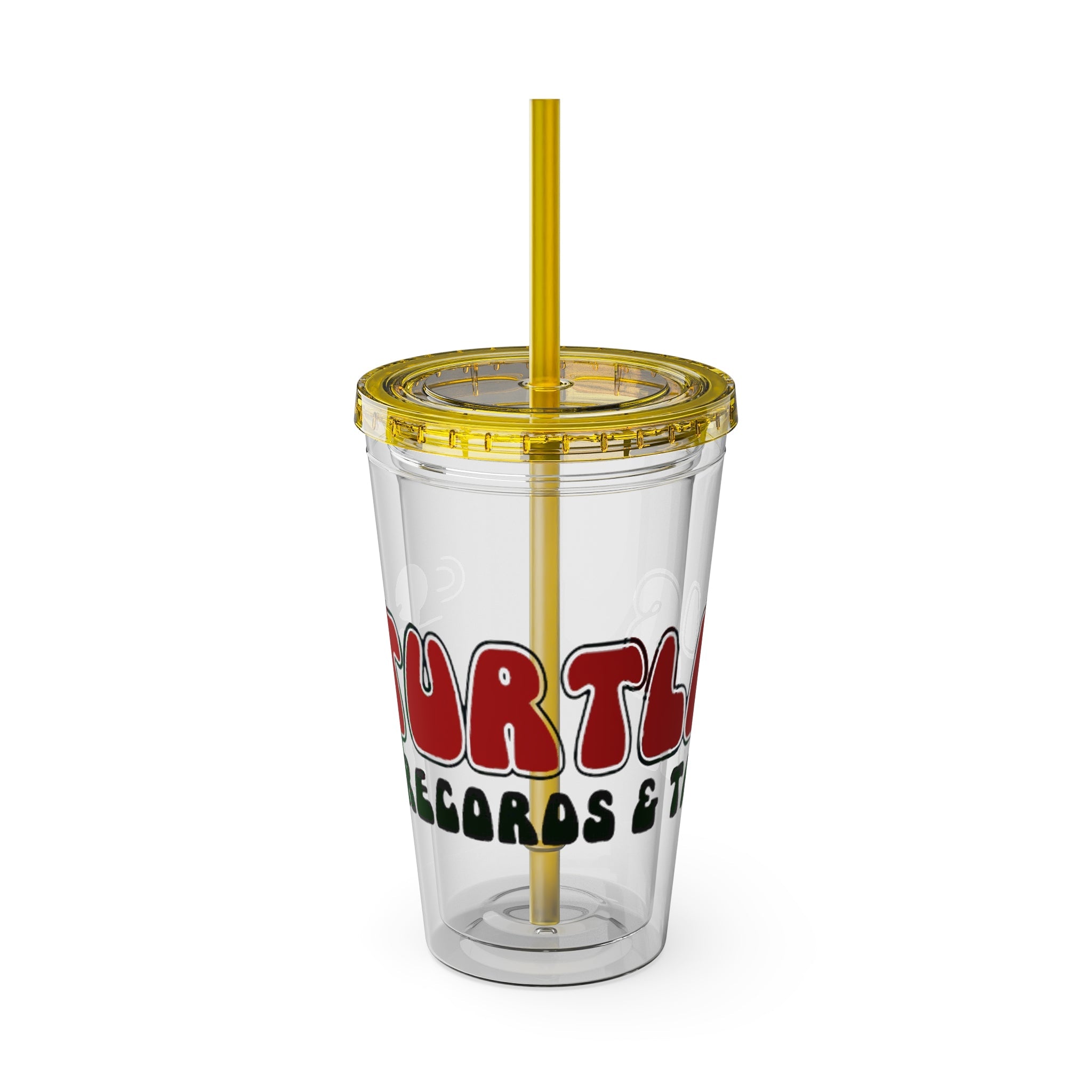 Vintage Turtles Record & Tapes Store Logo Sunsplash Reusable 16 Ounce Tumbler With Straw - POPvault
