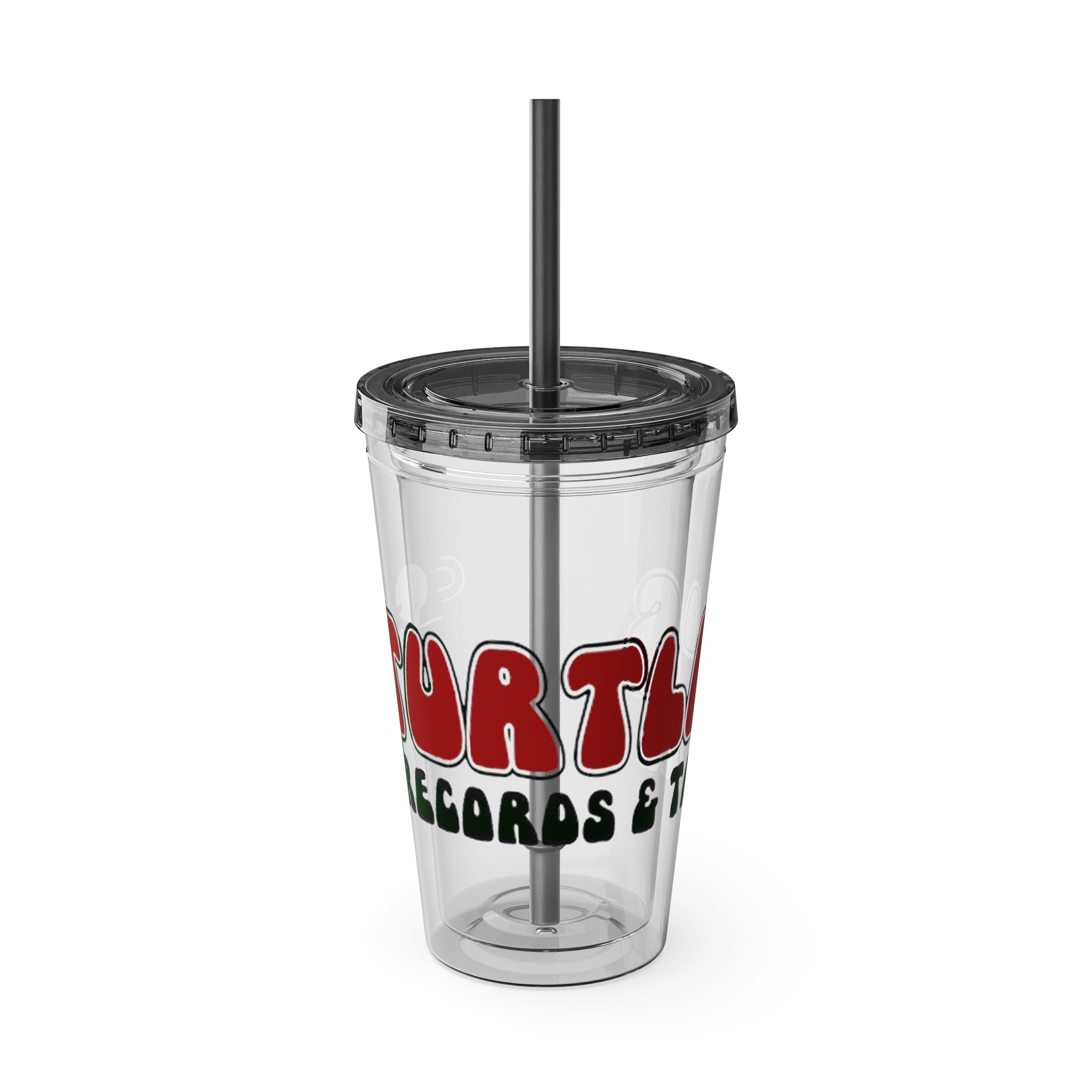 Vintage Turtles Record & Tapes Store Logo Sunsplash Reusable 16 Ounce Tumbler With Straw - POPvault