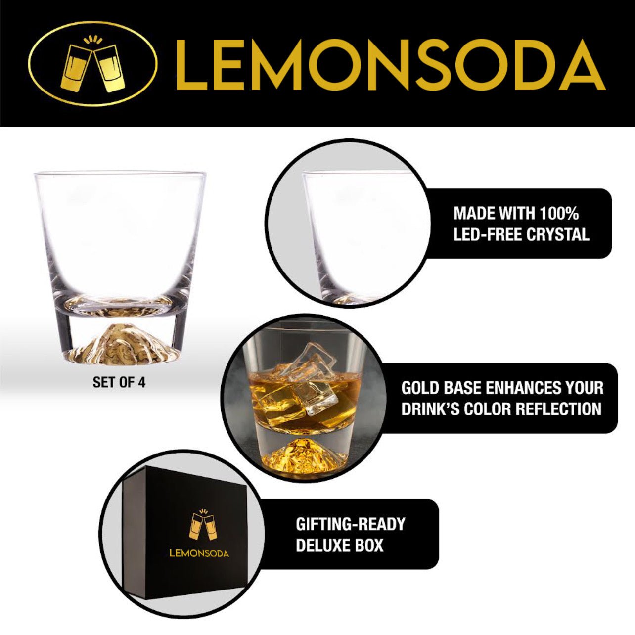 Whiskey Glasses Crystal Clear Gold Heavy Base Bourbon - 10oz - POPvault