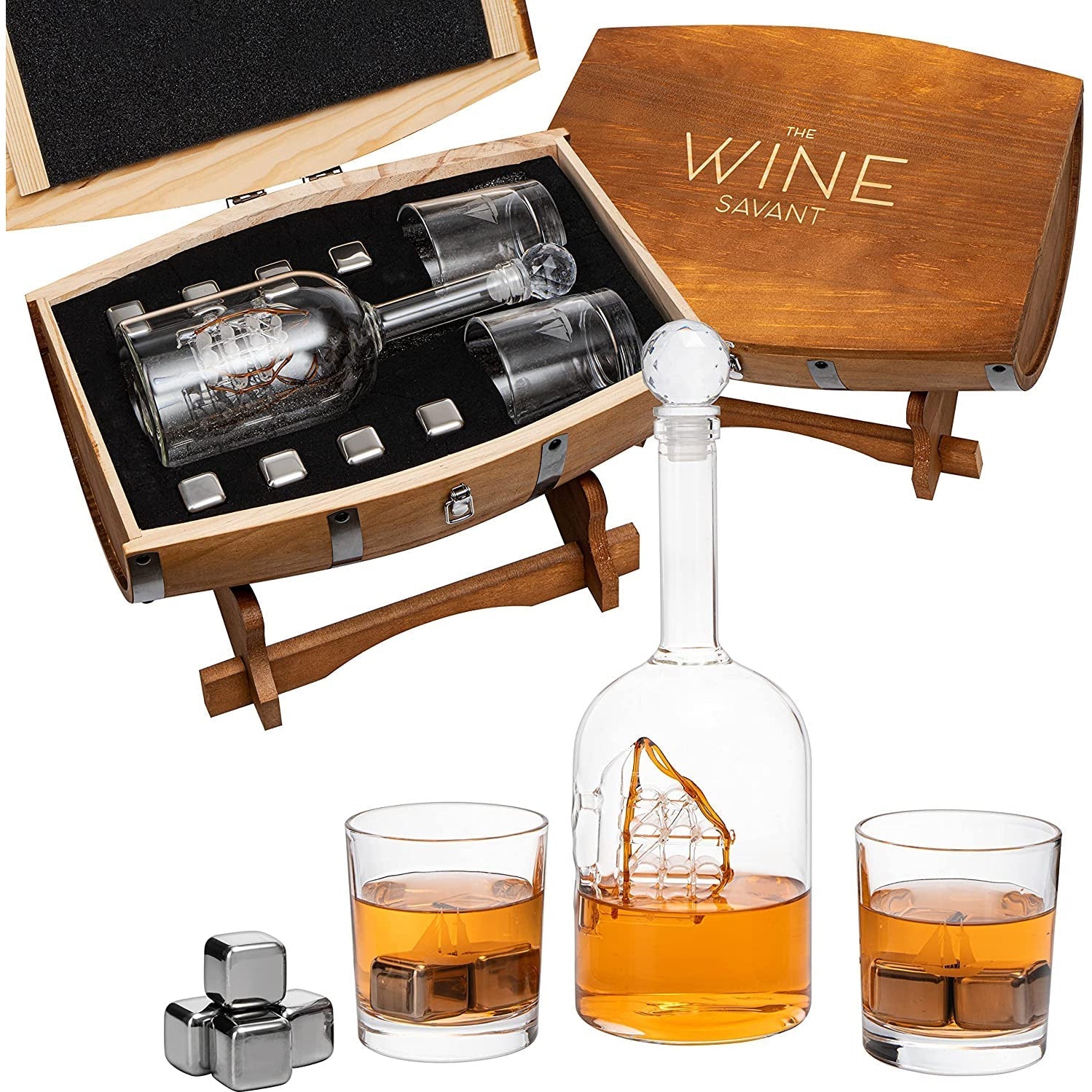 Wood Barrel Whiskey 24 Oz. Decanter with Antique Ship With 2 11 Oz. Glasses & Drink Chiller Stones - POPvault
