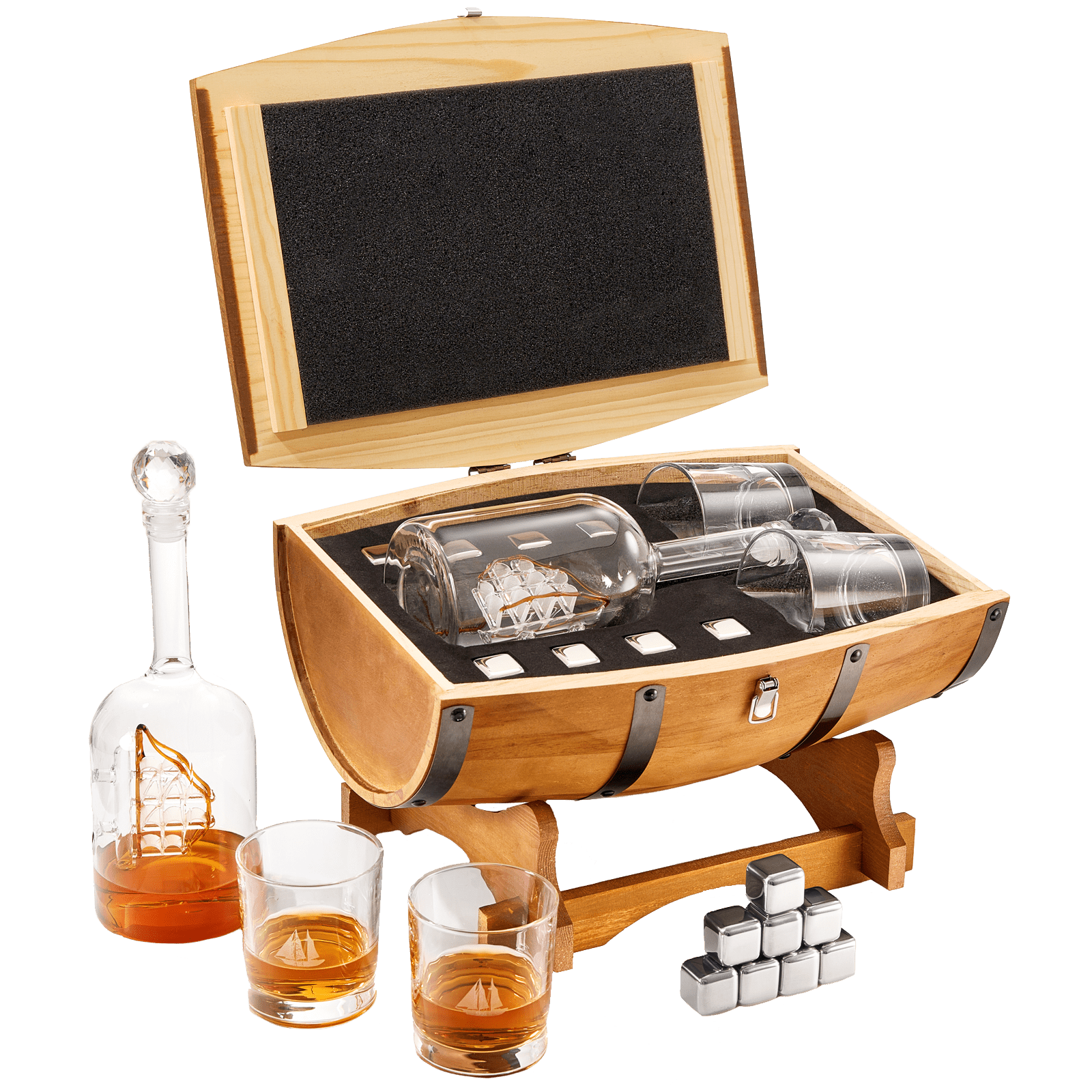 Wood Barrel Whiskey 24 Oz. Decanter with Antique Ship With 2 11 Oz. Glasses & Drink Chiller Stones - POPvault