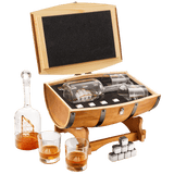 Wood Barrel Whiskey 24 Oz. Decanter with Antique Ship With 2 11 Oz. Glasses & Drink Chiller Stones - POPvault
