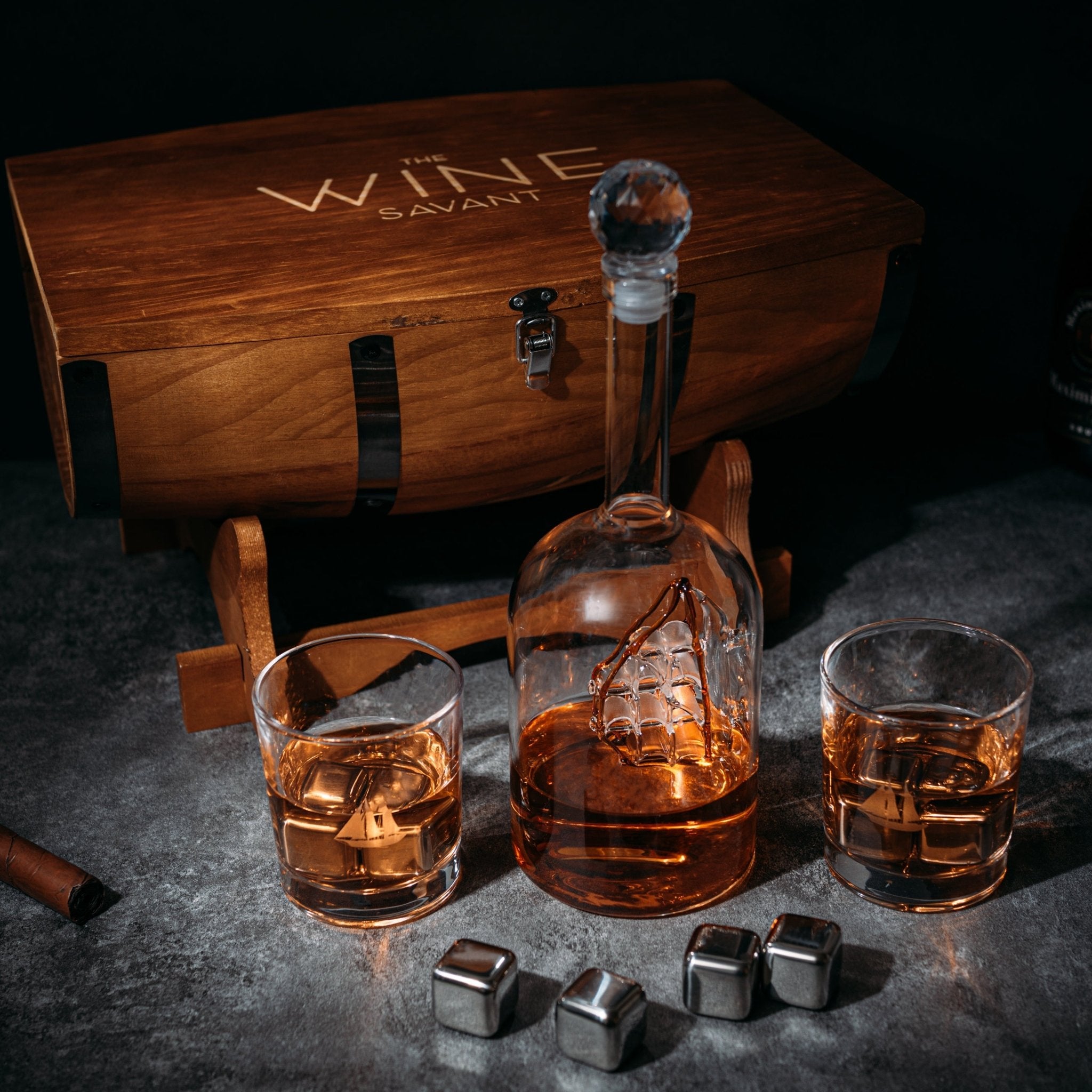 Wood Barrel Whiskey 24 Oz. Decanter with Antique Ship With 2 11 Oz. Glasses & Drink Chiller Stones - POPvault