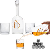 Wood Barrel Whiskey 24 Oz. Decanter with Antique Ship With 2 11 Oz. Glasses & Drink Chiller Stones - POPvault