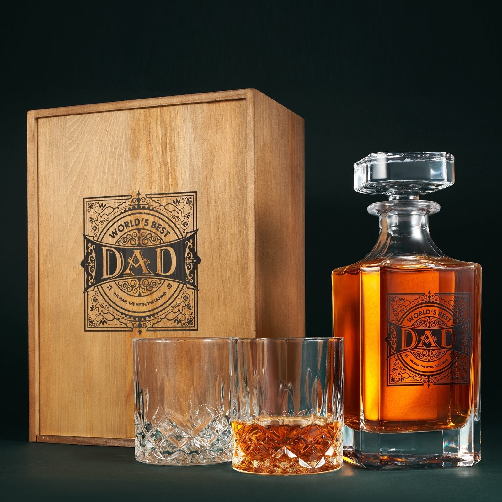 Wooden Boxed "DAD" Whiskey 730 ml Decanter Gift Set With 2 Whiskey Glass - POPvault