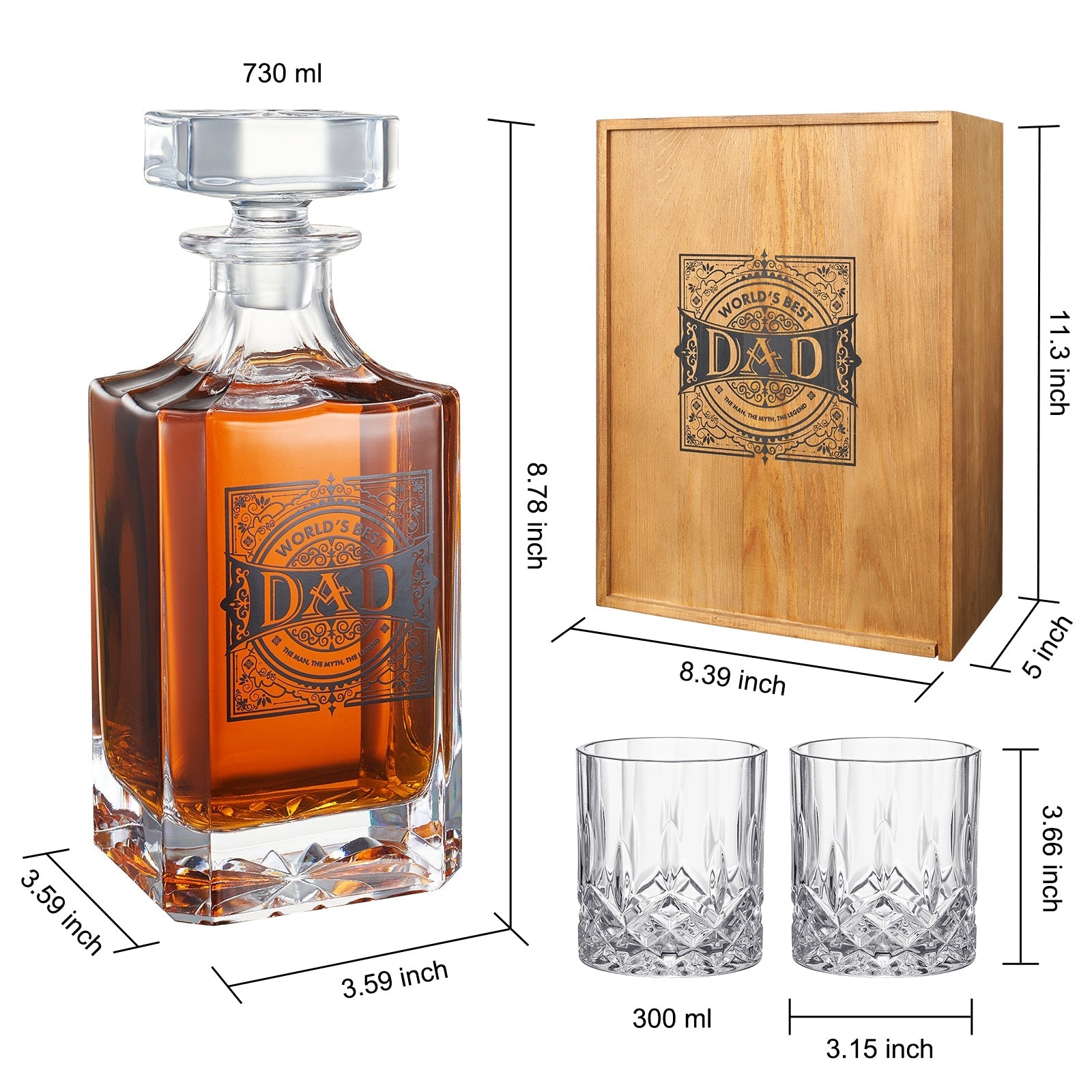 Wooden Boxed "DAD" Whiskey 730 ml Decanter Gift Set With 2 Whiskey Glass - POPvault