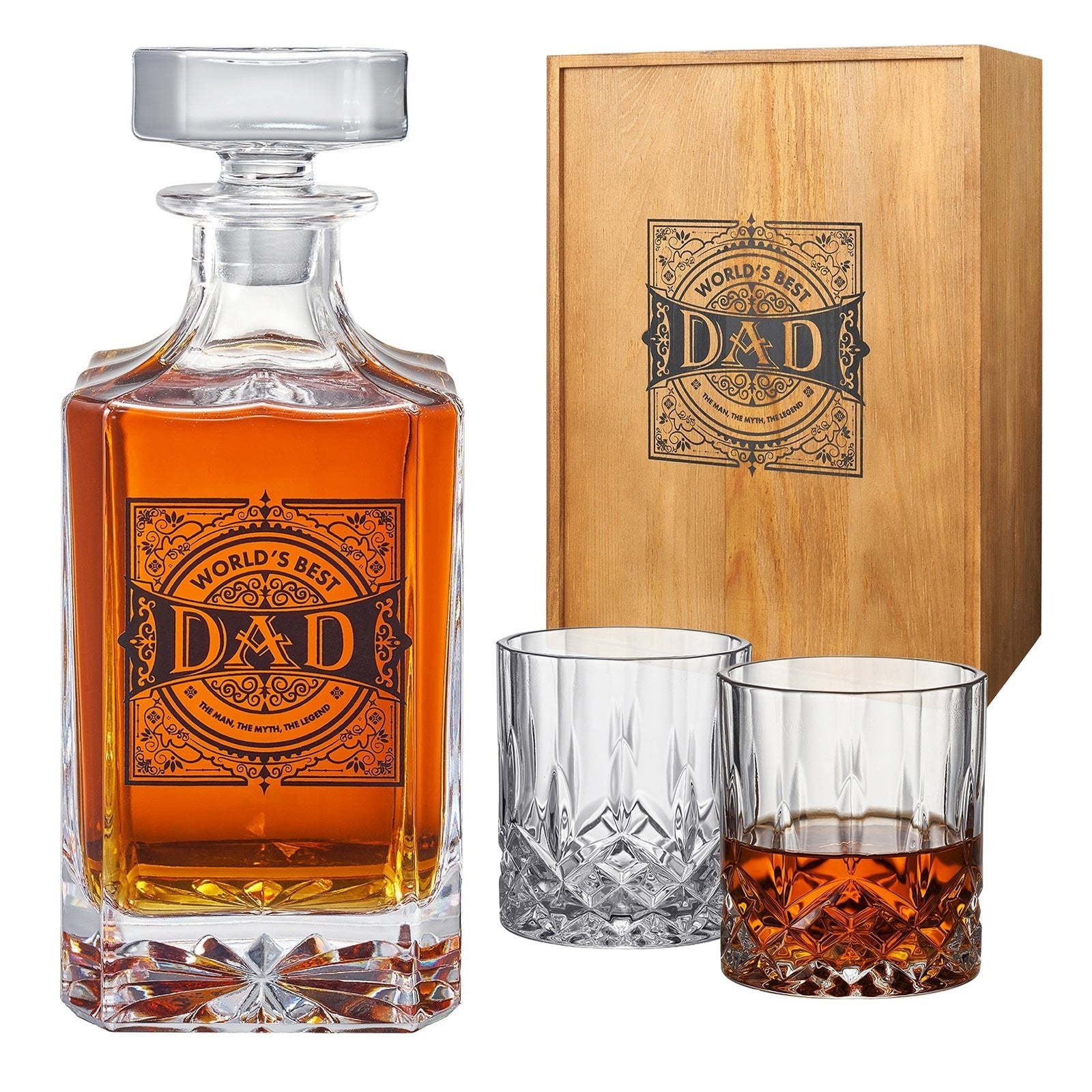 Wooden Boxed "DAD" Whiskey 730 ml Decanter Gift Set With 2 Whiskey Glass - POPvault